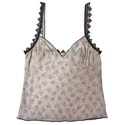 Chanel camellia blossom print soft silk camisole by Karl Lagerfeld for Chanel, Fall 2003 featuring all over camellia blossoms with CC logo centers. Triangle shaped black lace trim on straps and along back with decorative embroidered décolletage and bottom hemline. Made in Italy 