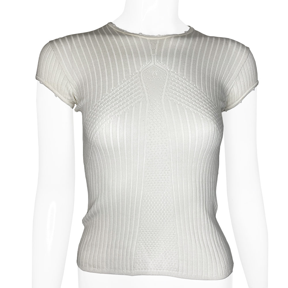 Chanel Rib Knit Perforated CC Logo Short Sleeve Top - XS