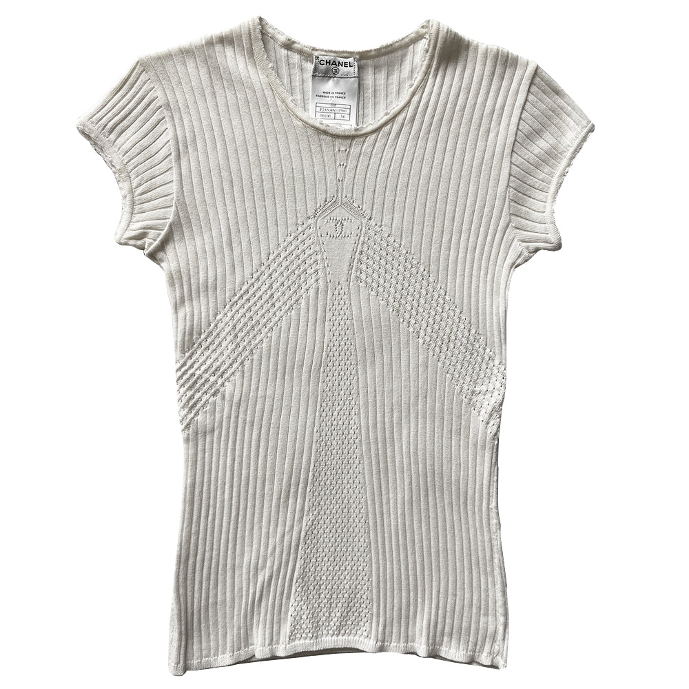 Chanel Rib Knit Perforated CC Logo Short Sleeve Top - XS