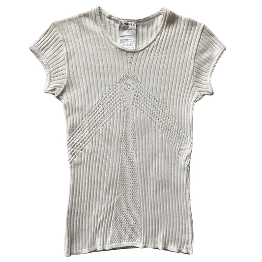 Chanel Rib Knit Perforated CC Logo Short Sleeve Top - XS