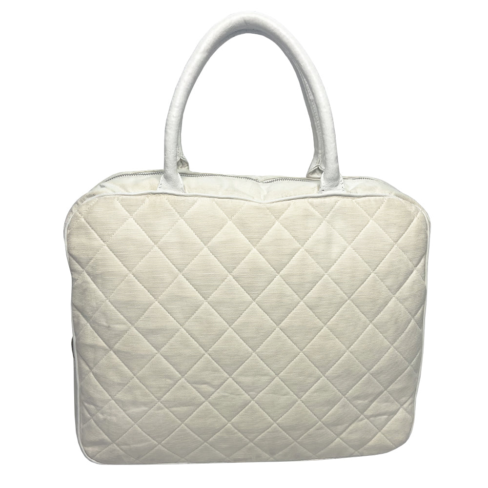 Chanel Logo white canvas quilted bowler by Karl Lagerfeld for Chanel 2001 with rolled leather handles, leather piping and grey leather, front CHANEL logo letters. Silver-tone top zip closure with CC logo grey rubber zipper pulls, Chanel logo rubber protective feet. White textile lining, one open leather pocket. Made in Italy