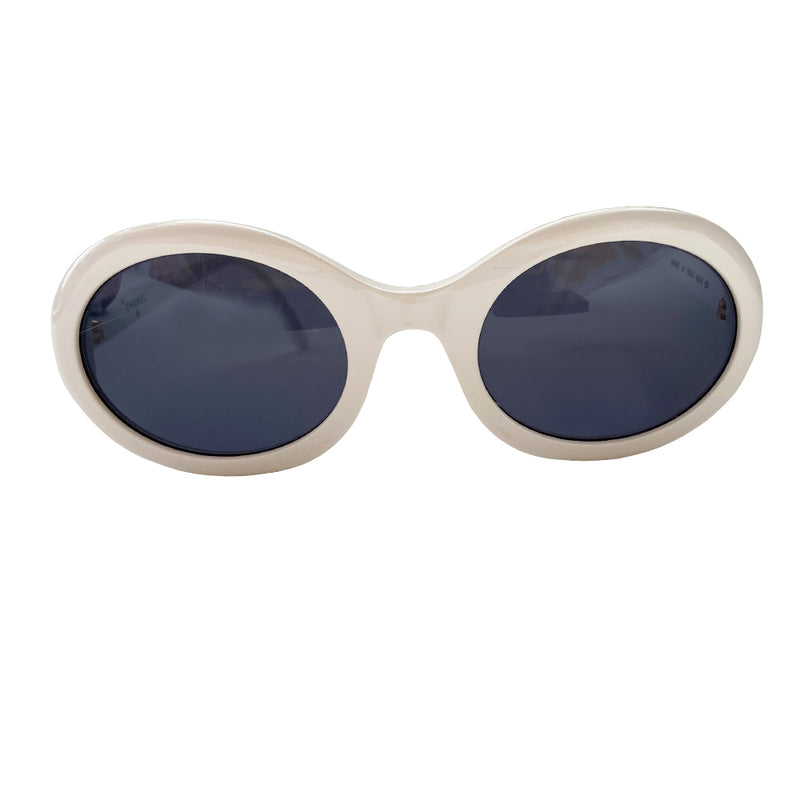 Chanel white acetate oval frame sunglasses by Karl Lagerfeld for Chanel circa 1992  with charcoal lenses and interlocking gold-tone CC logo at each arm. Style: 0016 00 Made in Italy 