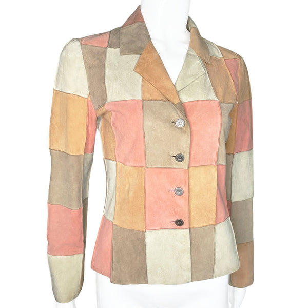 Karl Lagerfeld for Chanel, 2000 Identification Transition Collection buttery soft pastel beige, pink, tan, cream suede goatskin leather patchwork collared jacket with four brushed silver-tone CC logo buttons. Made in France