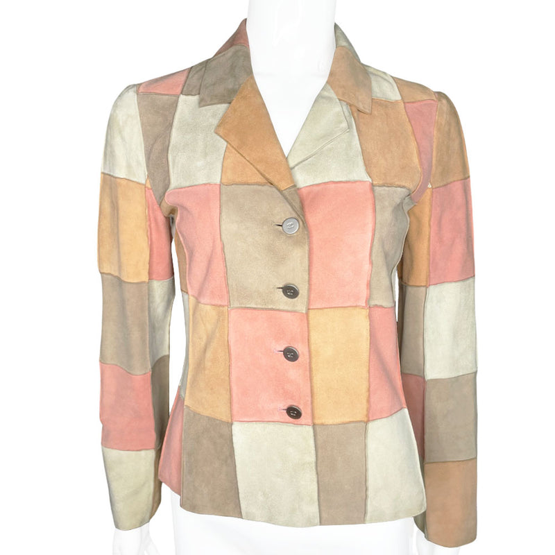 Karl Lagerfeld for Chanel, 2000 Identification Transition Collection buttery soft pastel beige, pink, tan, cream suede goatskin leather patchwork collared jacket with four brushed silver-tone CC logo buttons. Made in France
