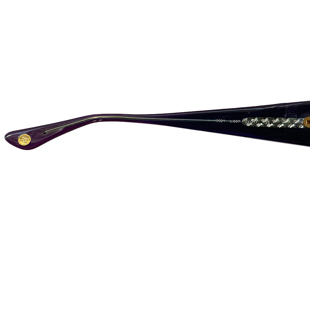 1990’s Chanel red & blue acetate frame sunglasses with red gradient lenses by Karl Lagerfeld for Chanel embellished with gold tone side CC logos. Style: 5021 c 607  Made in Italy 