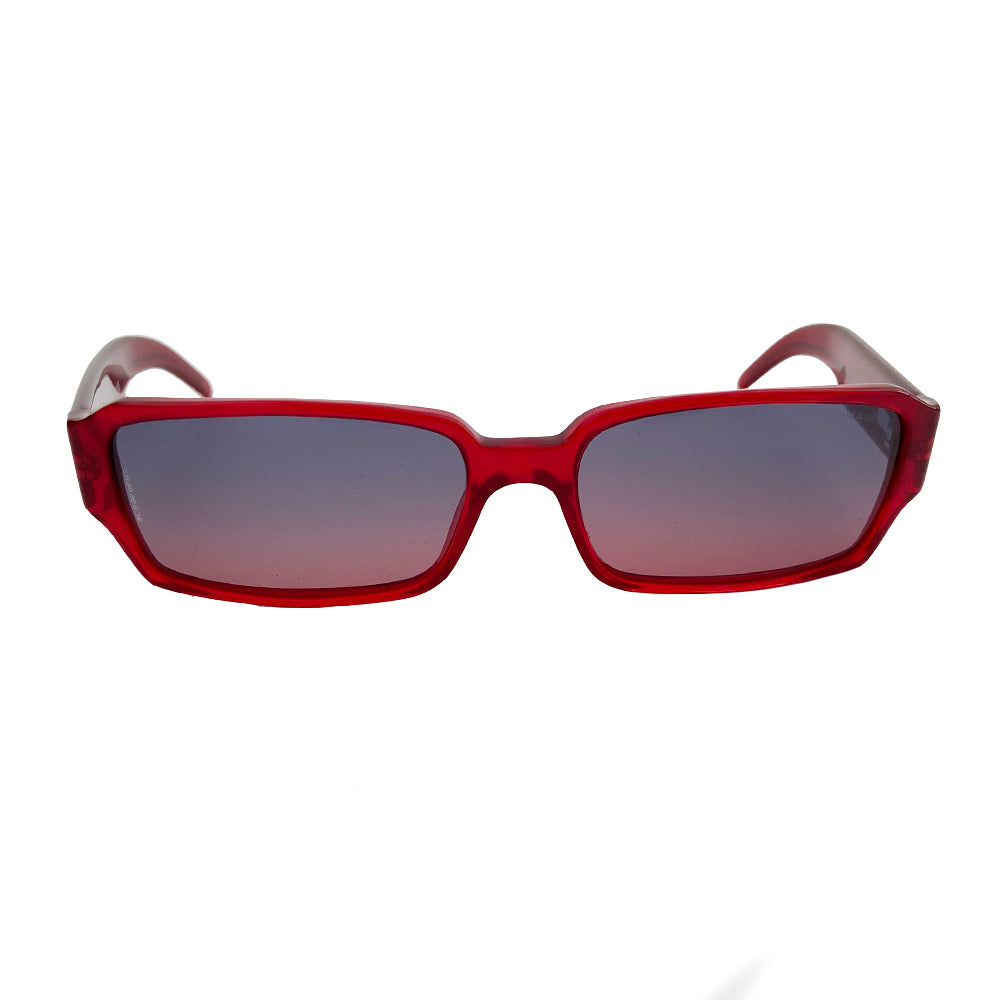 Rectangle Swarovski Sunglasses in red circa 1990’s, excellent condition, no scratching on lenses with rectangular acetate frames and gradient lenses that transition from grey to red. CHANEL printed out on each arm in swarovski crystals Style: 5060-B. Original box, case and cleaning cloth and cards included. All in excellent condition 