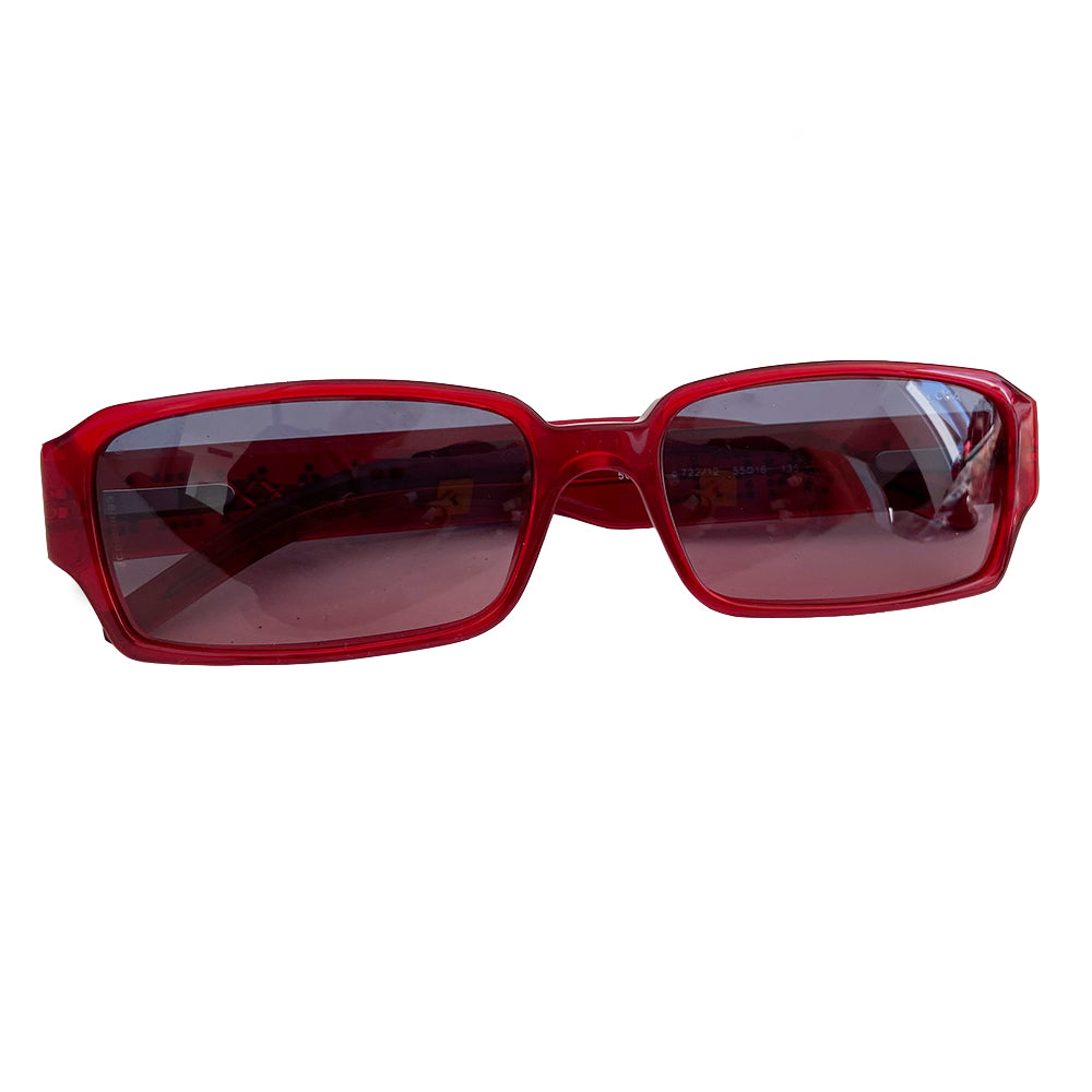  Rectangle Swarovski Sunglasses in red circa 1990’s, excellent condition, no scratching on lenses with rectangular acetate frames and gradient lenses that transition from grey to red. CHANEL printed out on each arm in swarovski crystals Style: 5060-B. Original box, case and cleaning cloth and cards included. All in excellent condition 