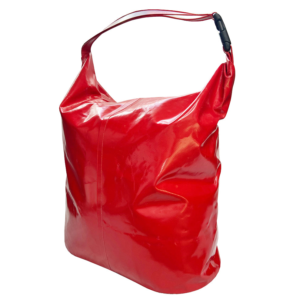 Chanel red vinyl tote by Karl Lagerfeld for Chanel 2000-2002 with matching vinyl handle that clips at one end White CC printed center front logo. Folding top access to large capacity open vinyl interior. Made in France 