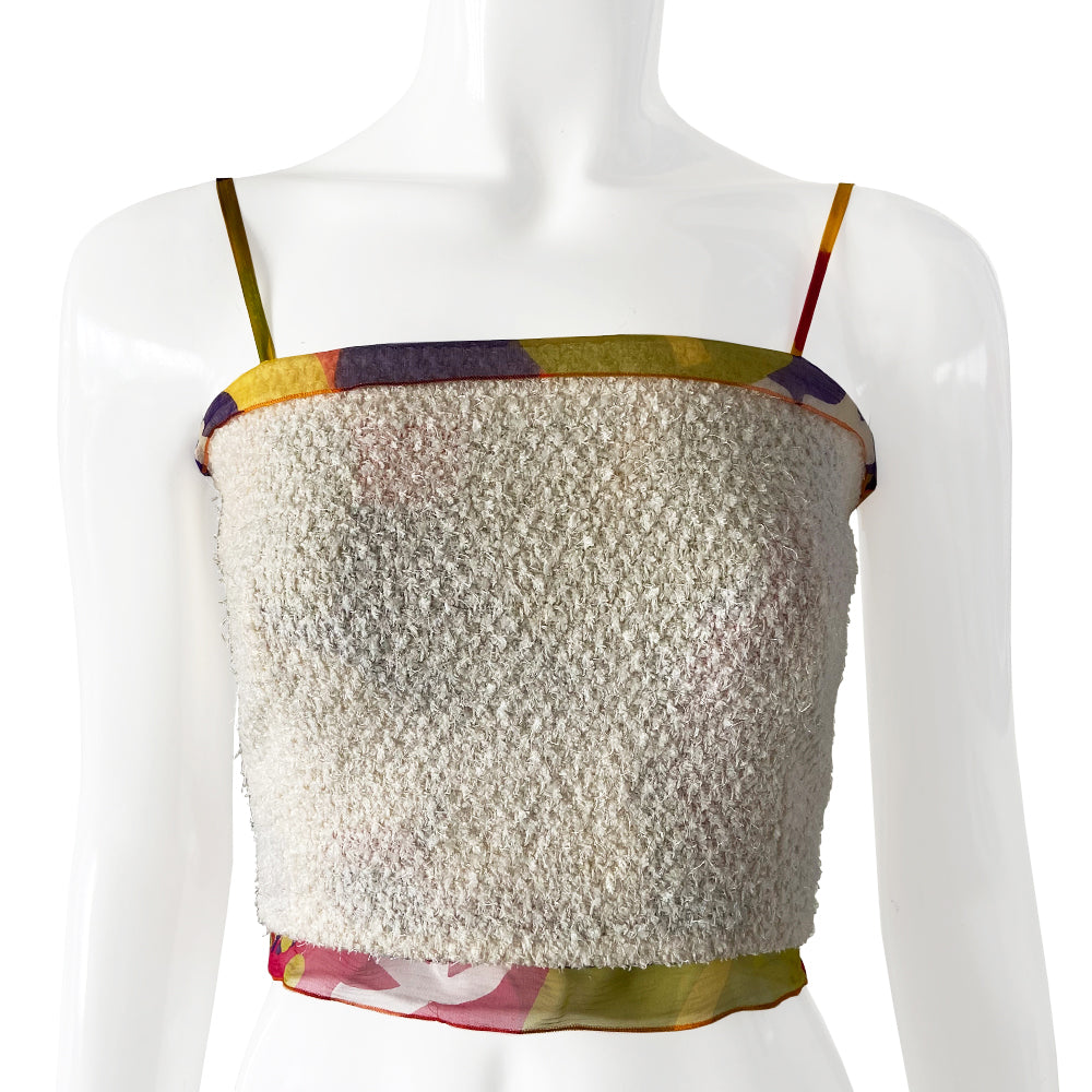 Chanel tweed and flloral silk camisole from Karl Lagerfeld for Chanel, 2000 Transition Collection with cream tweed outer and multicolor floral silk chiffon lining, trim and straps, 4 logo button back closure. Tag size: 36. Made in France