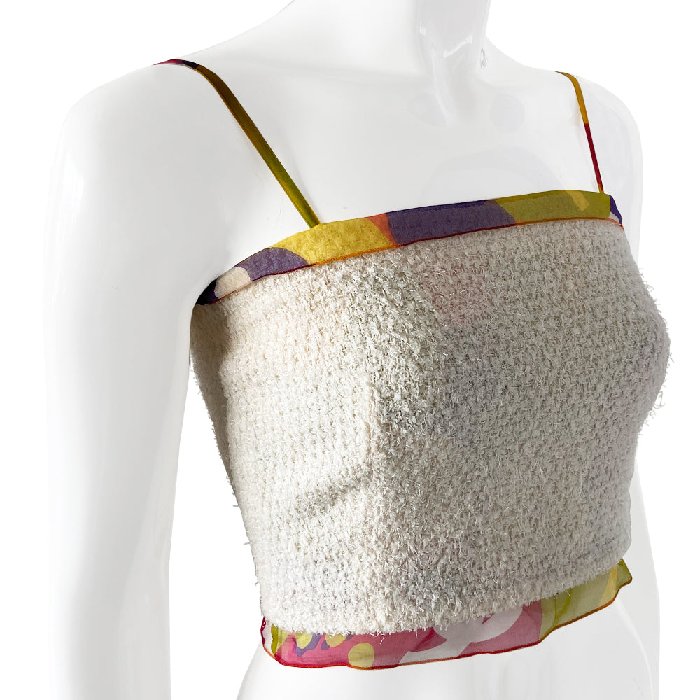 Chanel tweed and flloral silk camisole from Karl Lagerfeld for Chanel, 2000 Transition Collection with cream tweed outer and multicolor floral silk chiffon lining, trim and straps, 4 logo button back closure. Tag size: 36. Made in France
