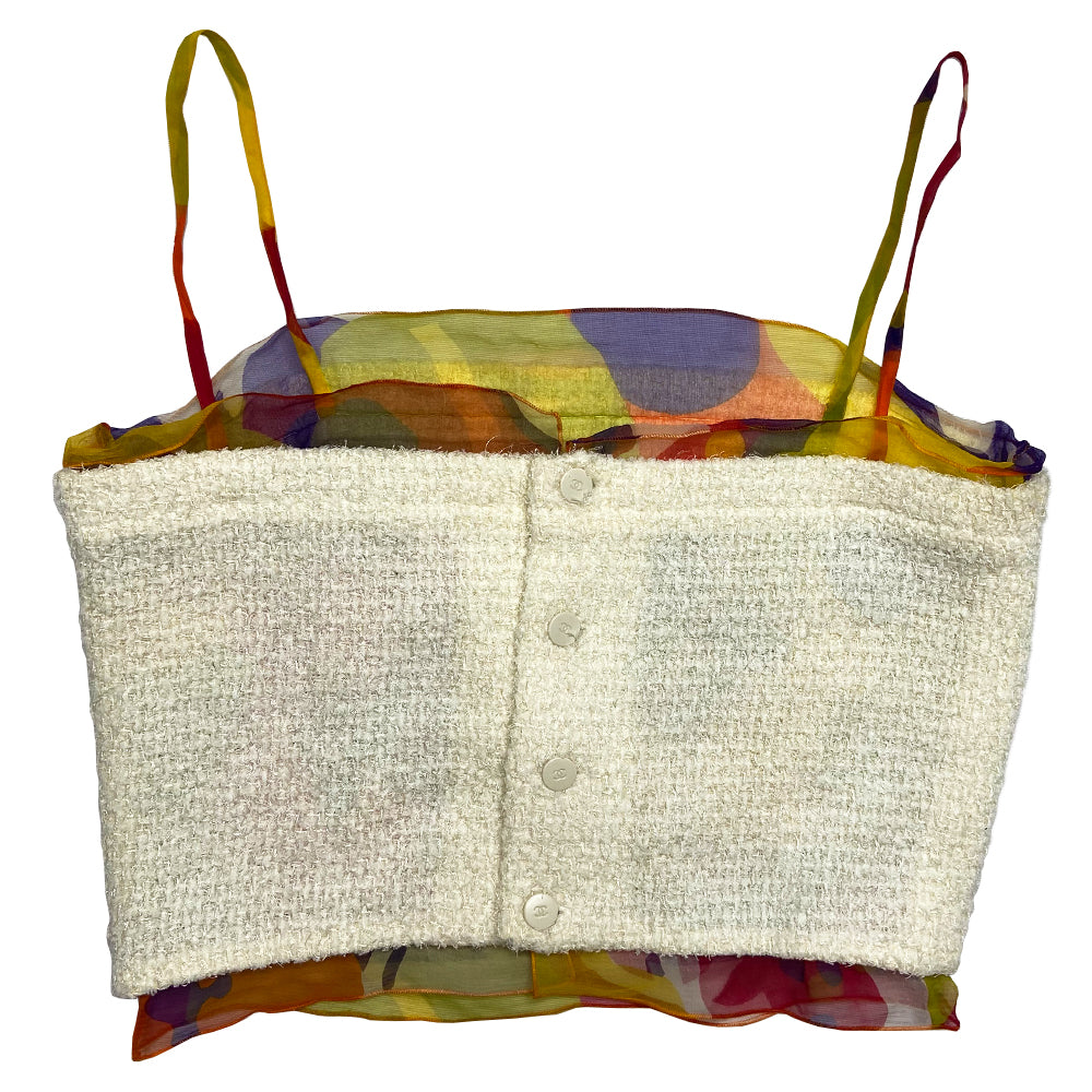 Chanel tweed and flloral silk camisole from Karl Lagerfeld for Chanel, 2000 Transition Collection with cream tweed outer and multicolor floral silk chiffon lining, trim and straps, 4 logo button back closure. Tag size: 36. Made in France