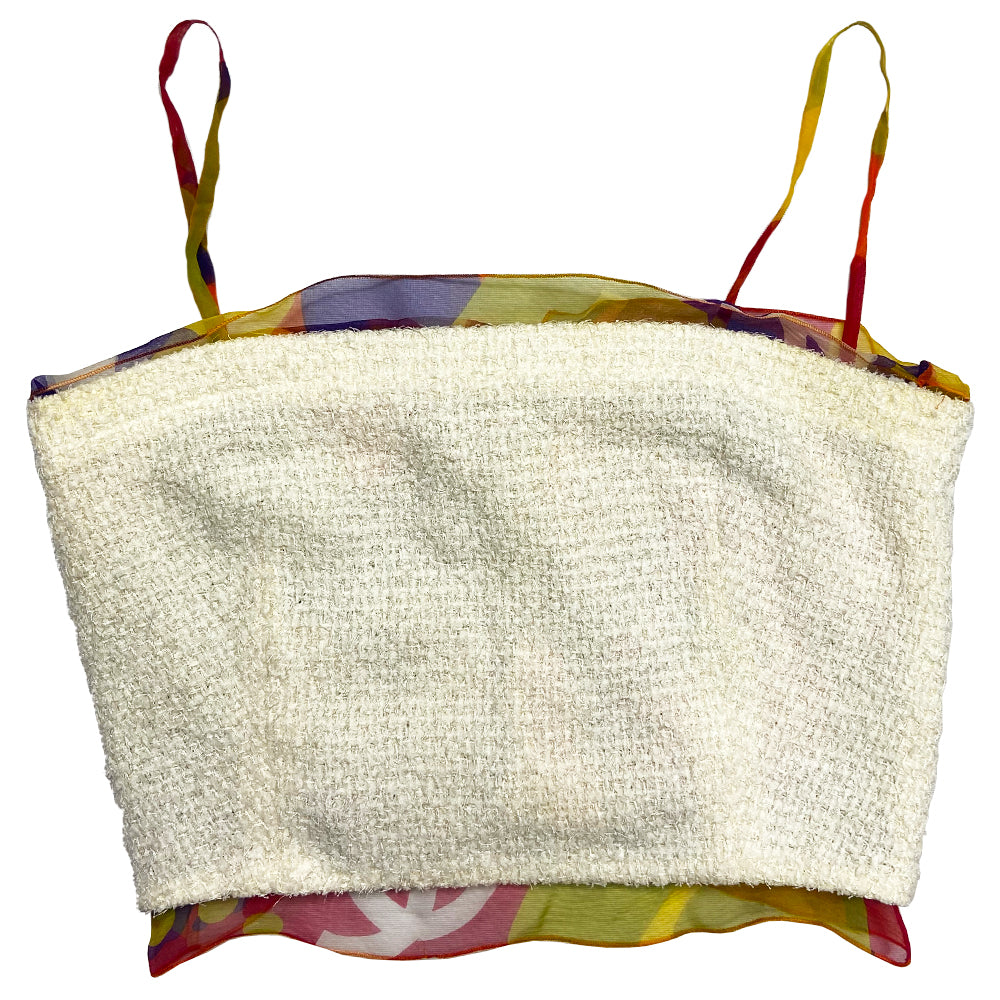 Chanel tweed and flloral silk camisole from Karl Lagerfeld for Chanel, 2000 Transition Collection with cream tweed outer and multicolor floral silk chiffon lining, trim and straps, 4 logo button back closure. Tag size: 36. Made in France