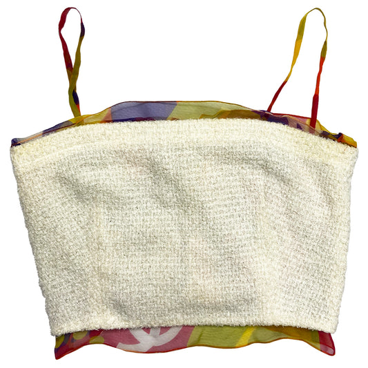Chanel tweed and flloral silk camisole from Karl Lagerfeld for Chanel, 2000 Transition Collection with cream tweed outer and multicolor floral silk chiffon lining, trim and straps, 4 logo button back closure. Tag size: 36. Made in France