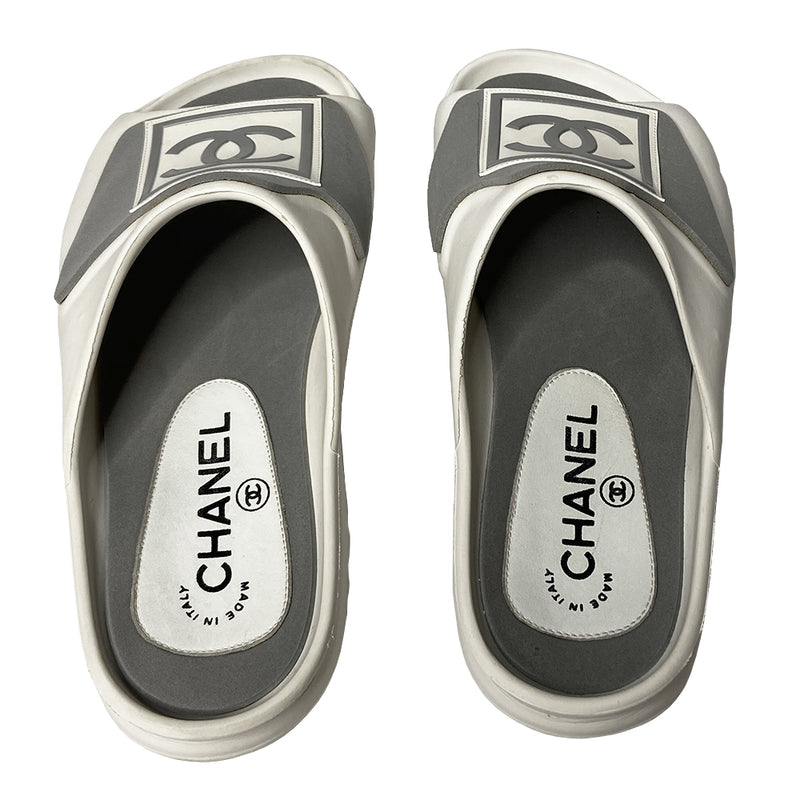 Chanel Sports Line white and grey rubber slides by Karl Lagerfeld for Chanel, spring 2001 RTW runway with embossed boxed CC silver logo upper and side air holes, grey insole with interior, Chanel logo at heel, white rubber tread sole with Chanel logo. Size: 37 Made in Italy 