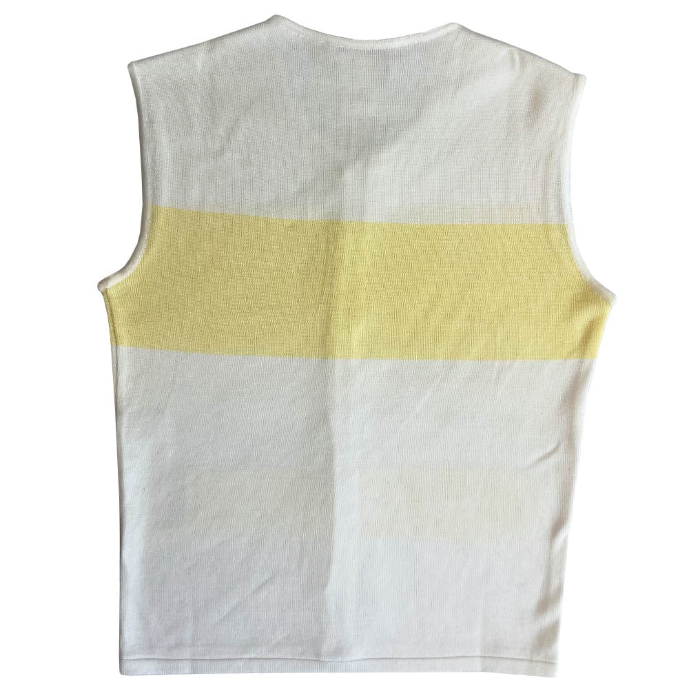 Chanel logo sleeveless front zip white with pale yellow color block knit top by Karl Lagerfeld for Chanel, Spring 2000 with CHANEL logo panel across front torso. Made in France 