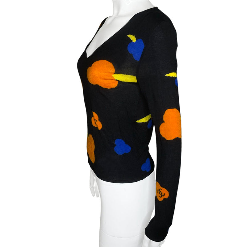 Karl Lagerfeld for Chanel, 2001 intarsia knit V-neck black sweater featuring orange, blue with yellow CC logo Camellia flower blossoms. No. M8078. Made in France