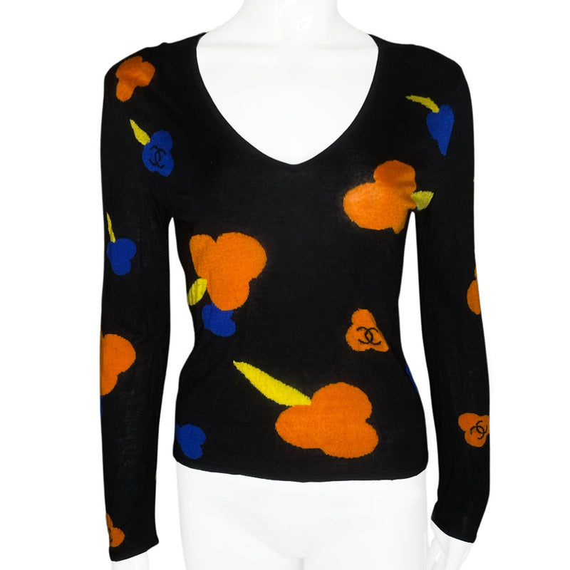 Karl Lagerfeld for Chanel, 2001 intarsia knit V-neck black sweater featuring orange, blue with yellow CC logo Camellia flower blossoms. No. M8078. Made in France