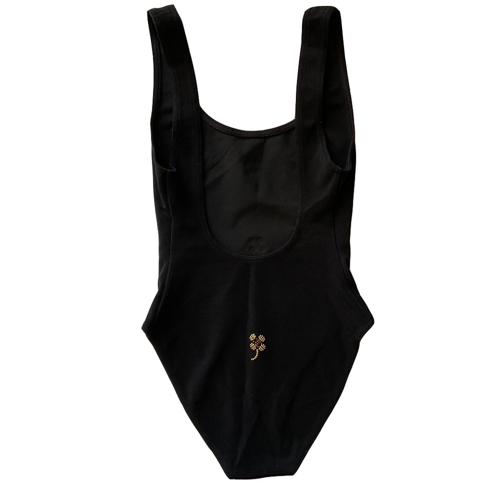 Chanel crystal appliqué embellished clover one-piece swimsuit by Karl Lagerfeld for Chanel 2001 Cruise Collection. Solid black stretch grosgrain fabric one-piece swimsuit with low back, front embellishments of tiny gold and bronze-tone appliqué crystal cc logo clovers and single logo clover in back. Size 36.  Made in France