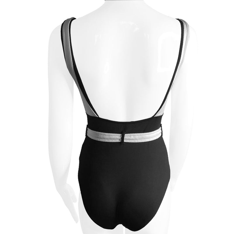 Chanel colorblock black and white belted one piece swimsuit by Karl Lagerfeld for Chanel 2003 Cruise Collection.  Double layered backless tank style bodice with removable belt with interlocking CC enamel coated metal clasp closure. Made in France 