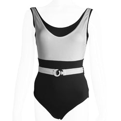 Chanel colorblock black and white belted one piece swimsuit by Karl Lagerfeld for Chanel 2003 Cruise Collection.  Double layered backless tank style bodice with removable belt with interlocking CC enamel coated metal clasp closure. Made in France 