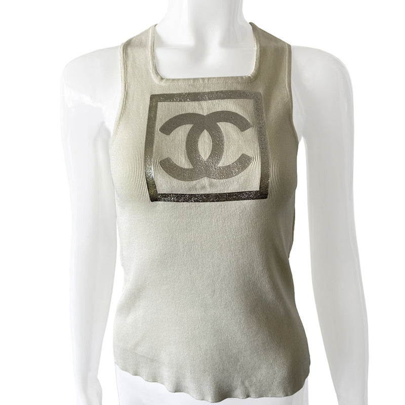 Chanel square neck white logo tank by Karl Lagerfeld for Chanel Spring 2001. Fine rib knit tank with square neckline Interlocking silver-tone front box CC logo. Fabric 100% cotton  Size: FR 36 Made in France 