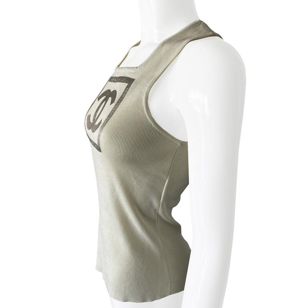 Chanel square neck white logo tank by Karl Lagerfeld for Chanel Spring 2001. Fine rib knit tank with square neckline Interlocking silver-tone front box CC logo. Fabric 100% cotton  Size: FR 36 Made in France 