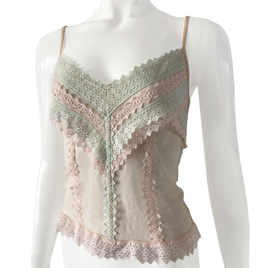 2004 embellished with diamond pattern accent with interlocking CC logos woven throughout. Three back CC logo buttons and bow at lower hem in pastel pink, mint, eggshell. Made in Italy 