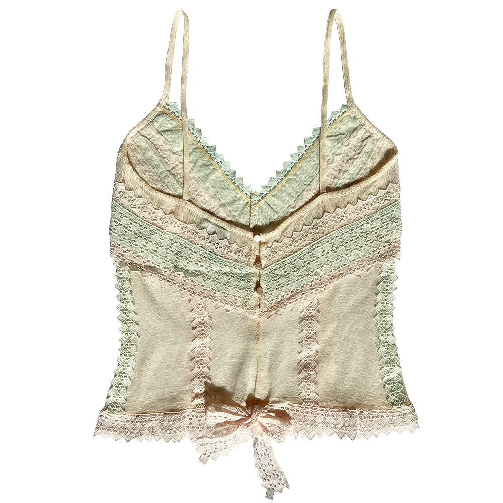 Chanel stretch mesh embroidered camisole by Karl Lagerfeld for Chanel spring 2004 embellished with diamond pattern accent with interlocking CC logos woven throughout. Three back CC logo buttons and bow at lower hem in pastel pink, mint, eggshell. Made in Italy 