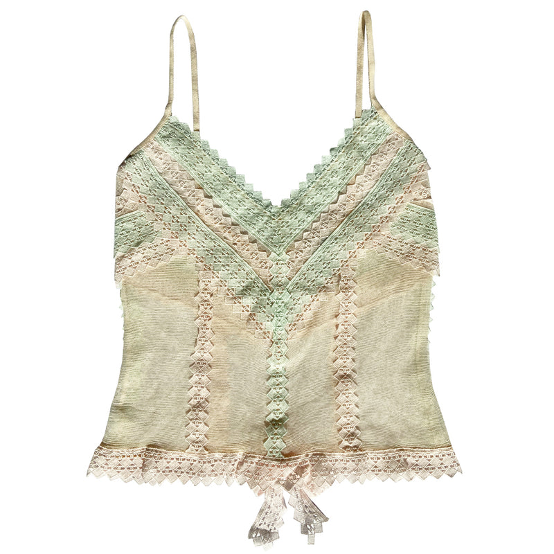 Chanel stretch mesh embroidered camisole by Karl Lagerfeld for Chanel spring 2004 embellished with diamond pattern accent with interlocking CC logos woven throughout. Three back CC logo buttons and bow at lower hem in pastel pink, mint, eggshell. Made in Italy 