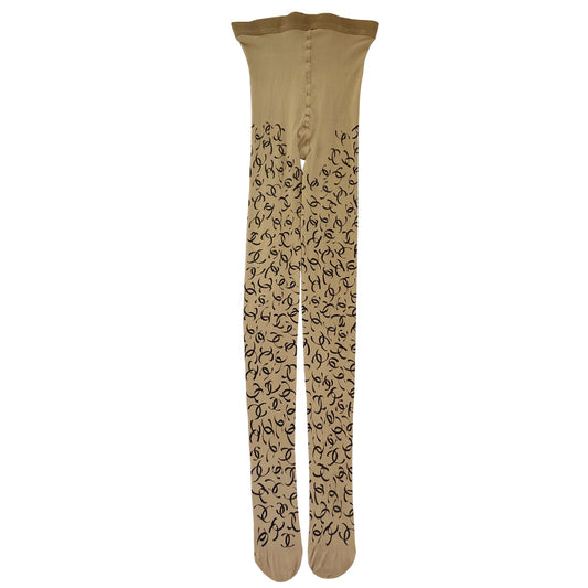Chanel ribbon CC logo tights, fall 2000 RTW runway by Karl Lagerfeld for Chanel in neutral beige color "patterned fancy tights” with all over ribbon design black CC logos, interlocking CC logos at waistband, cotton gusset, reinforced toes. Made in France 