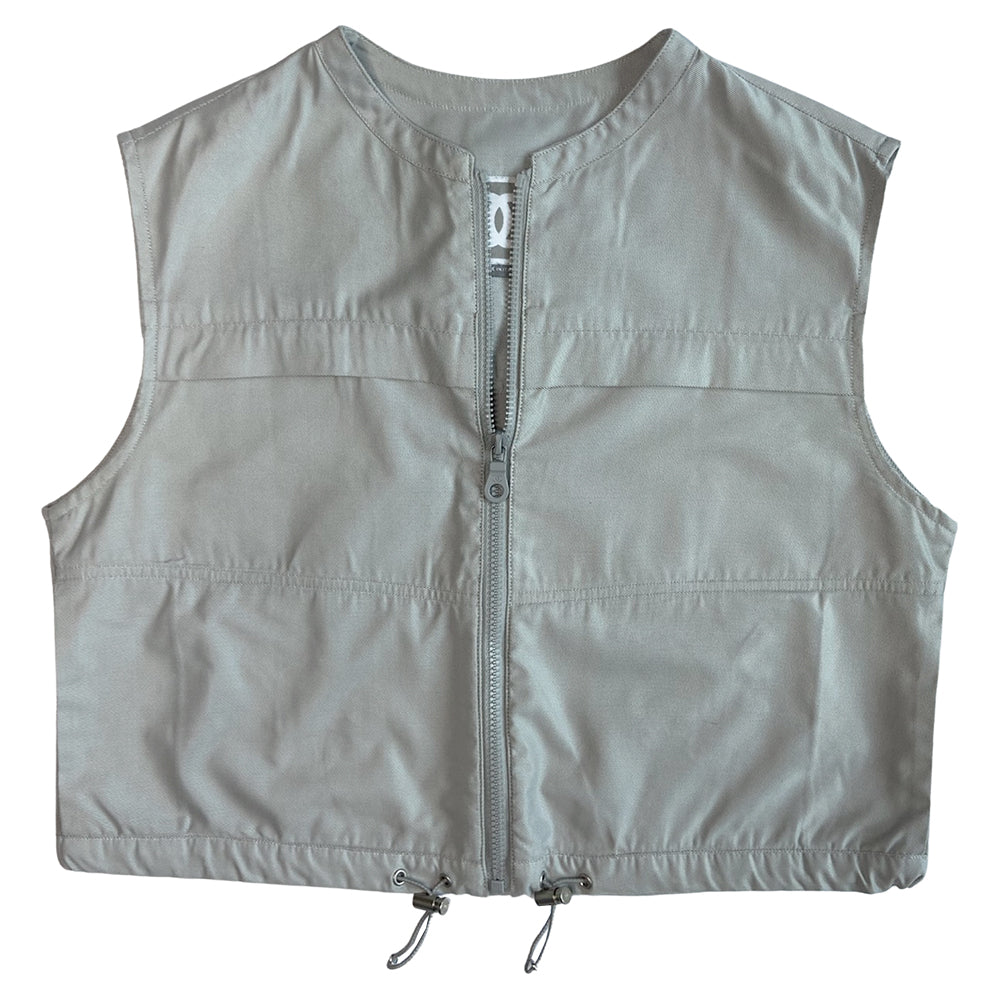 Chanel Identification logo collarless zip front grey vest/top by Karl Lagerfeld for Chanel, spring 2001 with box CC logo appliqué in back, CC logo engraved zipper pull and silver-tone toggles that adjust the elastic cording at bottom hemline. Made in Italy 