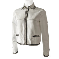 Chanel CC logo white canvas zip jacket by Karl Lagerfeld for Chanel, Cruise 2005 with accent stitching, brown and white striped knit accents, vented detail at sleeve hems. White CC logo zipper pull and white rubber box CC logo appliqué on arm. 100% Cotton 