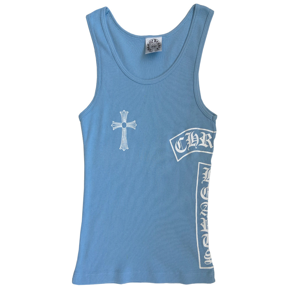 Chrome Hearts pastel blue cross tank from early 2000’s with cross at chest with Chrome Hearts logo at side, logo scroll at bottom back hem. Size: M. Made in USA 