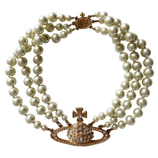 Vivienne Westwood Triple Pearl Articulated Crystal Orb Choker