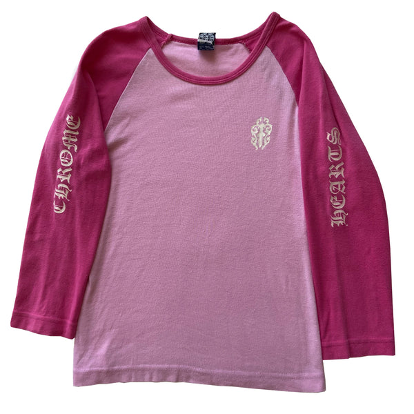 Chrome Hearts two tone pink baseball tee, circa early 2000’s with crew neck and 3/4 sleeves. White glitter dagger at chest, Chrome on one sleeve, Hearts on opposite sleeve, Chrome Hearts logo banner at back lower hemline. Made in USA
