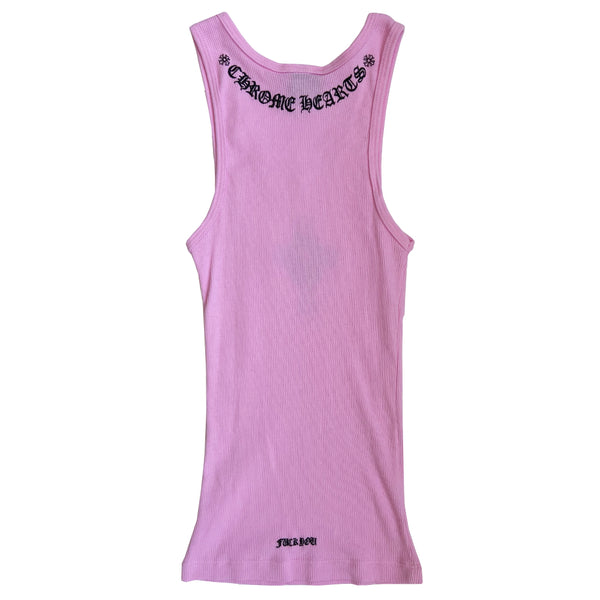 Chrome Hearts pink cross tank with cross at front center chest, Chrome Hearts printed at back neck, logo scroll at bottom back hemline. Size: M. Made in USA 