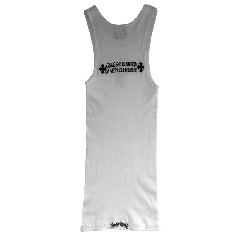 Chrome Hearts white Mapplethorpe tank. Deadstock from 2000’s. Limited and rare from the 2007 Mapplethorpe collaboration. Single front graphic Chrome Hearts Mapplethorpe on back with Chrome Hearts scroll at bottom back hemline. 100% cotton Made in USA 