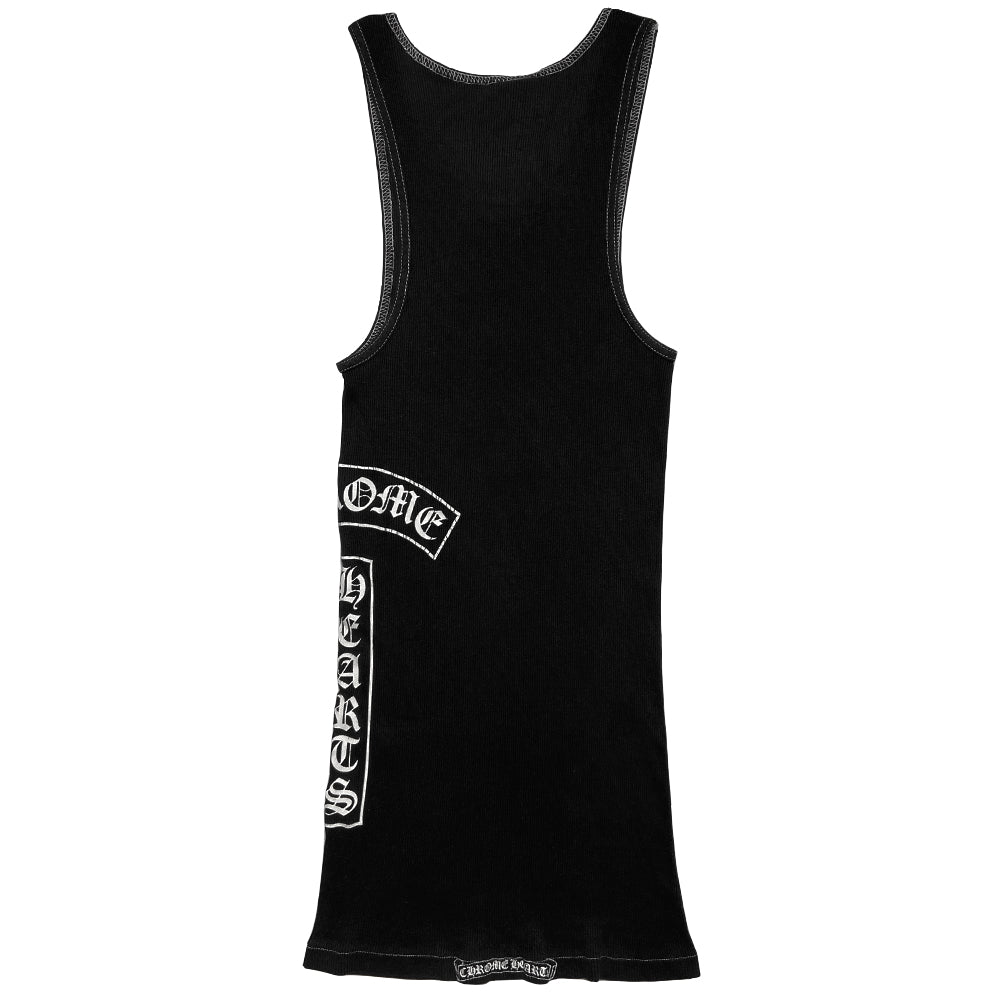 Chrome Hearts cross tank circa mid 2000’s with cross at front chest, Chrome Hearts logo at side and Chrome Hearts logo scroll on back lower hemline. Color: Black with white print, white contrast stitching. Made in USA