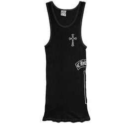Chrome Hearts cross tank circa mid 2000’s with cross at front chest, Chrome Hearts logo at side and Chrome Hearts logo scroll on back lower hemline. Color: Black with white print, white contrast stitching. Made in USA