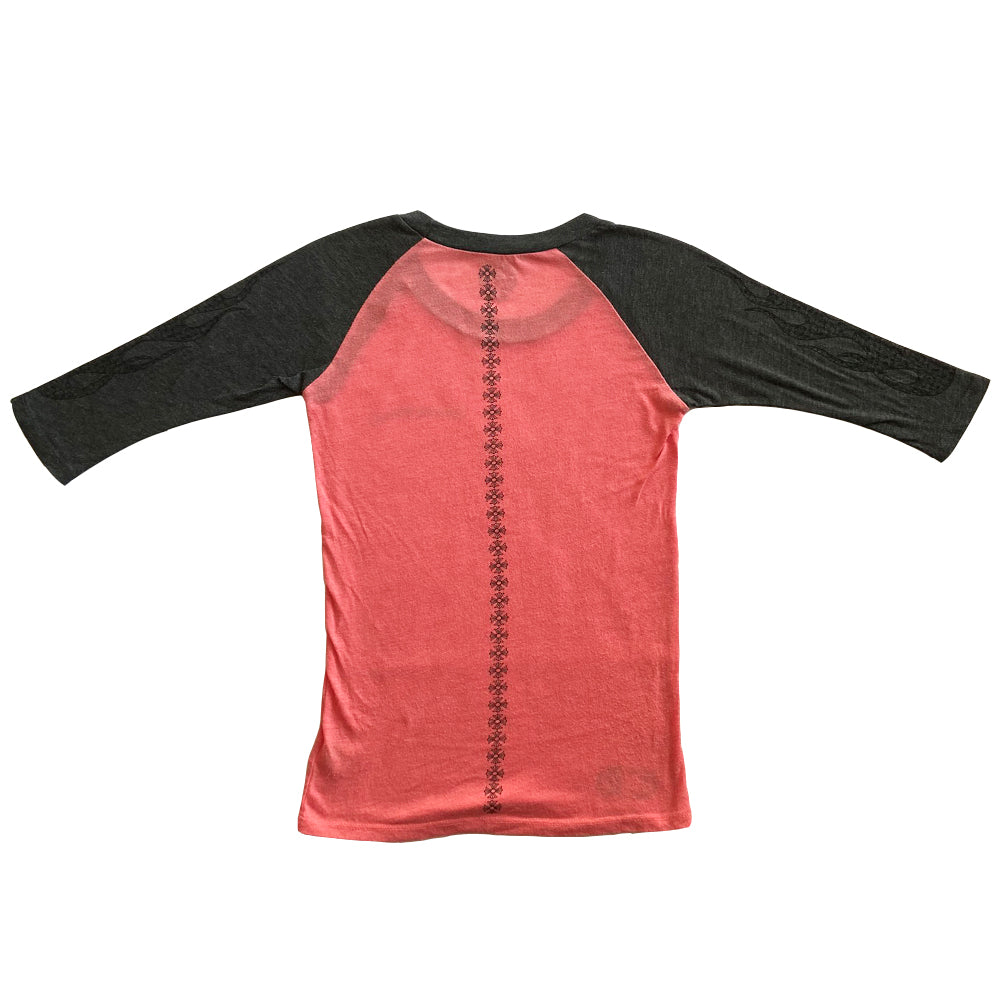 Chrome Hearts Flames baseball tee circa early 2000’s in two tone black and red, 3/4 sleeve with Chrome Hearts logo banner at front chest and CH at bottom hemline. Vertical row of small crosses from nape to bottom hem in back and grey flames on sleeves Size: O/S.  Made in USA 
