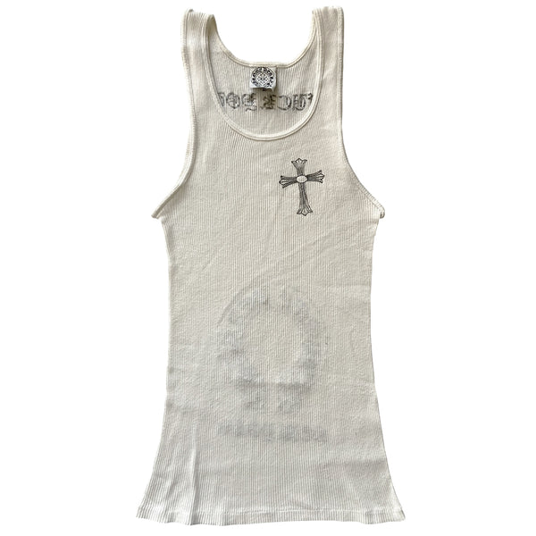 Chrome Hearts New York white rib knit cross tank with front cross at chest, Chrome Hearts logo horseshoe banner, Fuck You New York in back. Size: S  Made in USA 