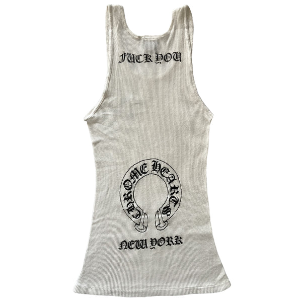 Chrome Hearts New York white rib knit cross tank with front cross at chest, Chrome Hearts logo horseshoe banner, Fuck You New York in back. Size: S  Made in USA 