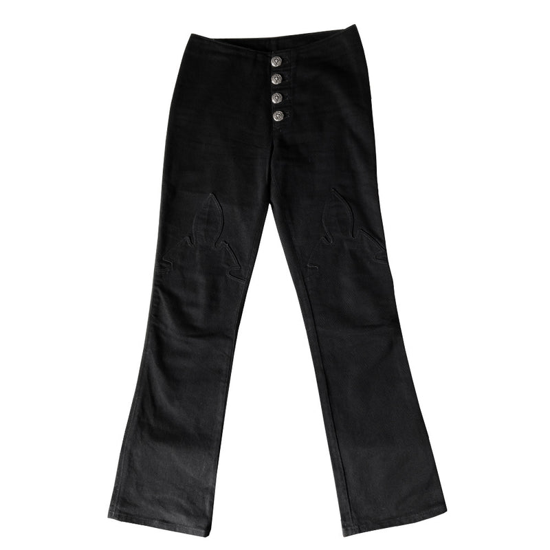 Chrome Hearts black denim pants From early 2000’s mid rise denim pants with 4 Chrome Hearts logo sterling silver front button closure. Buttons attached with screw back. CH signature appliqué fleur du lis patch at front knees, interior Leather Chrome Hearts USA banner embossed patch. Size: 26R
