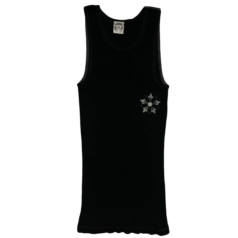 Chrome Hearts black with red stars rib knit tank from early 2000’s with Rib knit black tank with white accent stitching, Chrome Hearts style star surrounded by small stars at chest, CH logo at bottom front hem Multiple stars in back with Chrome Hearts banner in red below. Size: M 