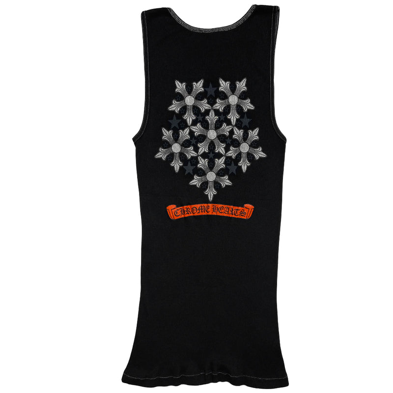 Chrome Hearts black with red stars rib knit tank from early 2000’s with Rib knit black tank with white accent stitching, Chrome Hearts style star surrounded by small stars at chest, CH logo at bottom front hem Multiple stars in back with Chrome Hearts banner in red below. Size: M 