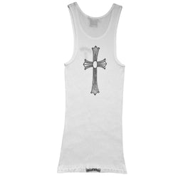 Chrome Hearts white cross tank circa early 2000s with Chrome Hearts logo at chest, large cross design at back, Chrome Hearts logo scroll at bottom hem. Tag size: M Made in USA