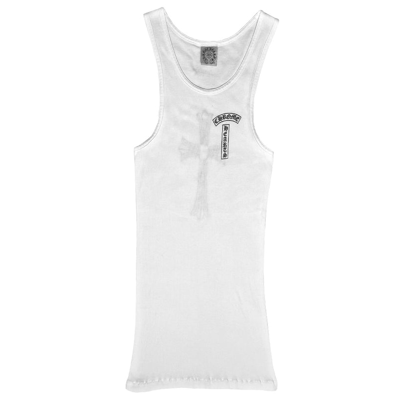 Chrome Hearts white cross tank circa early 2000s with Chrome Hearts logo at chest, large cross design at back, Chrome Hearts logo scroll at bottom hem. Tag size: M Made in USA