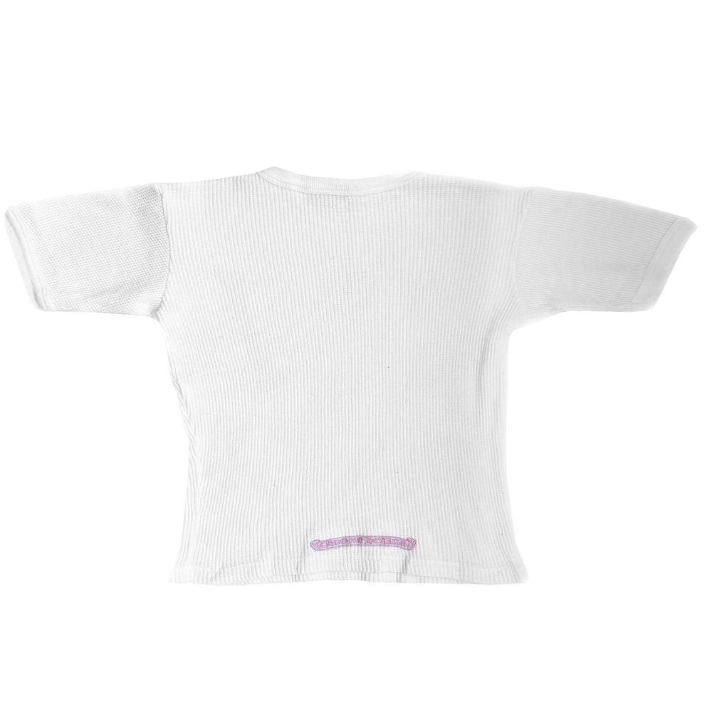 Chrome Hearts short sleeve white crew neck waffle fabric logo tee with pink embroidered cross surrounded by Chrome Hearts logo banner and CH logo scroll banner at back lower hem Size: O/S Made in USA