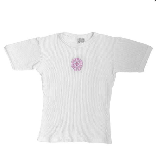 Chrome Hearts short sleeve white crew neck waffle fabric logo tee with pink embroidered cross surrounded by Chrome Hearts logo banner and CH logo scroll banner at back lower hem Size: O/S Made in USA