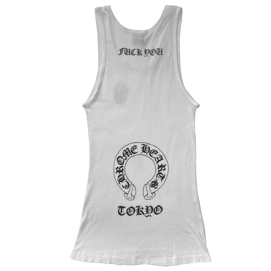 Chrome Hearts white Tokyo dagger tank from early 2000’s. Front dagger design at chest with Fuck You, Chrome Hearts logo scroll, Tokyo in back. Made in USA 